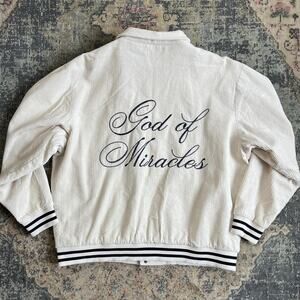 Elevated Faith God of Miracles Varsity Jacket Cream Corderoy Large